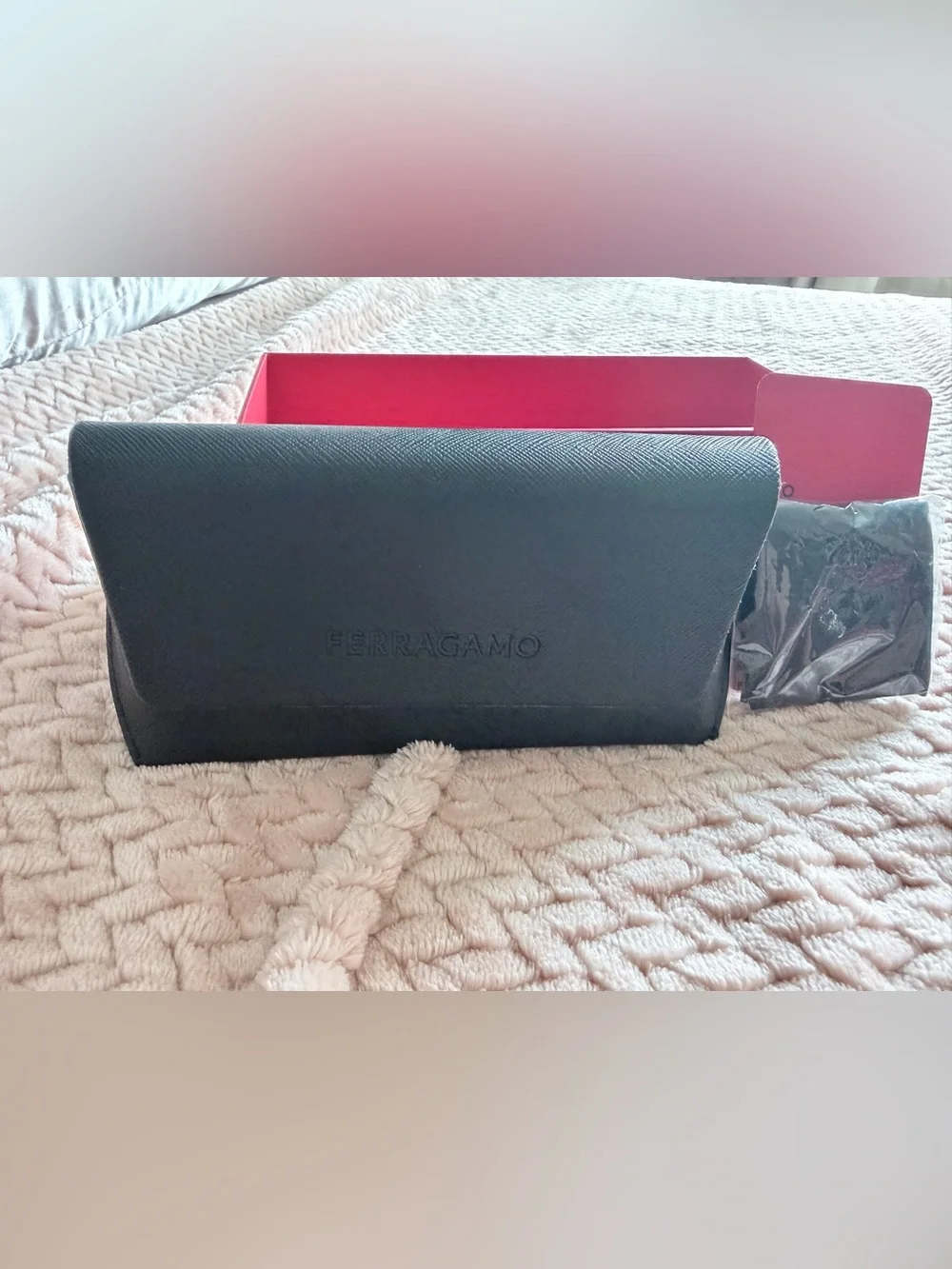 Ferragamo Eyeglass Case w/ Original Box, Card & Unused Cleaning Cloth – Black